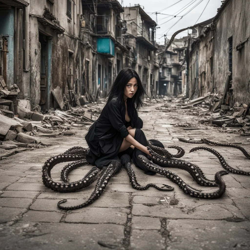 a woman with dark hair and octopus legs, crawling along a derelict street