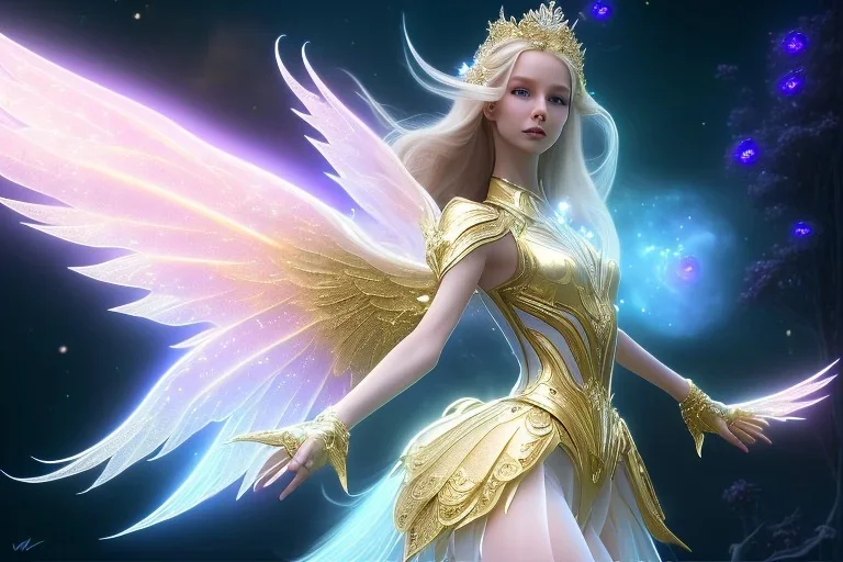  beautiful cosmic fairy, long hair, golden skin, nice smiling, transparent wings, magic glamour make up, delicate colors, beautiful glamour galactique dress, ultra sharp focus, 8k, unreal engine 5, extremely sharp detail, light effect, soft light atmosphere of a spaceship, smooth, full of details, face in front, complete vision of face and hair and body