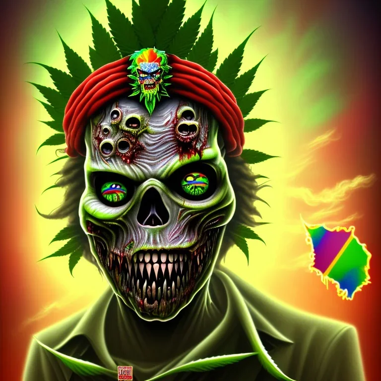 Visage Zombie rastafary iron maiden feuille cannabis, yeux rouges, bandeau couleur rasta