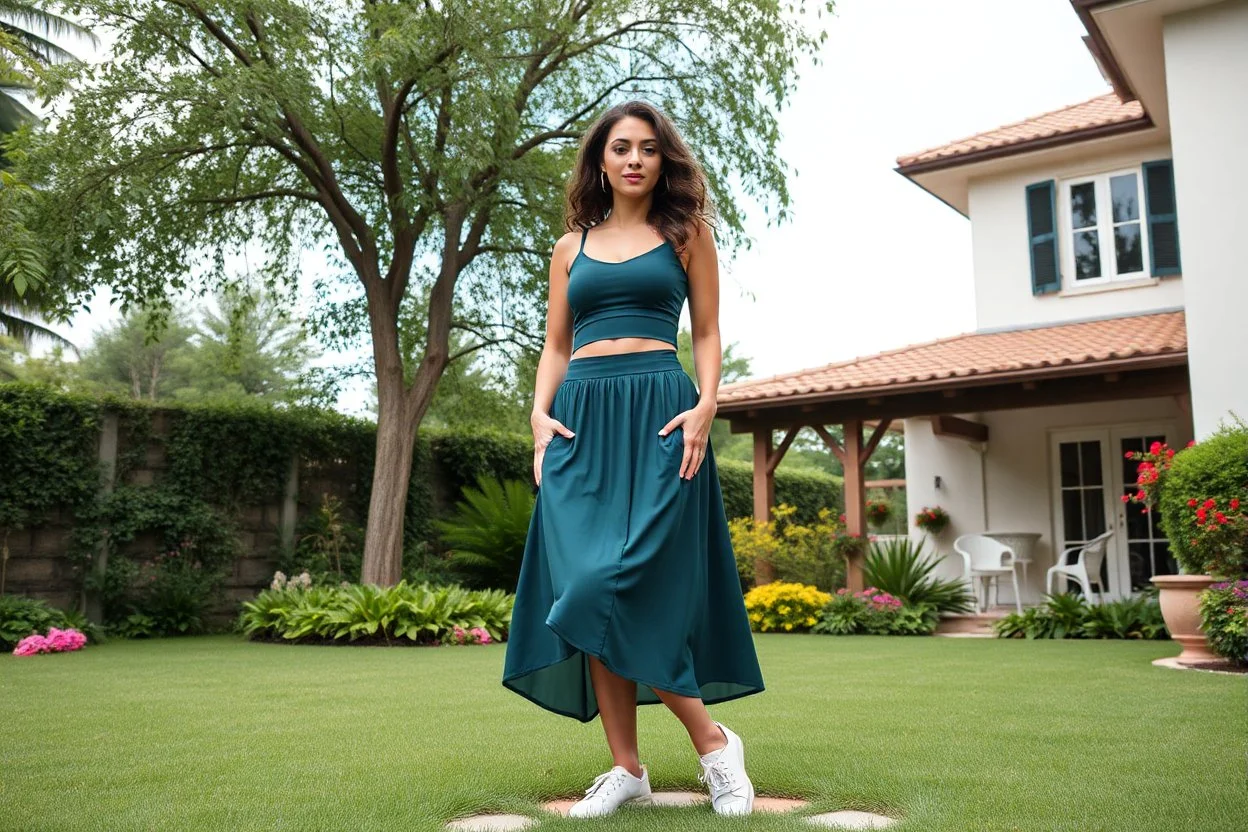 very beautiful lady with beautiful midi dark green-blue skirt and top with curvy hair sports shoes standing in a nice villa yard with trees flowers ,16 by 9