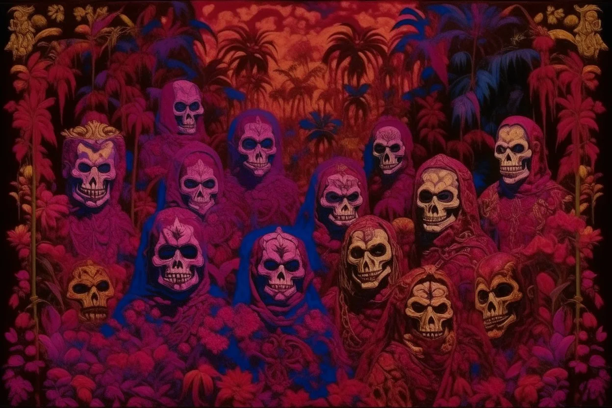 Dark purplish magenta realm with Hawaiian magical masks designed in medieval tapestry painted by Vincent van Gogh