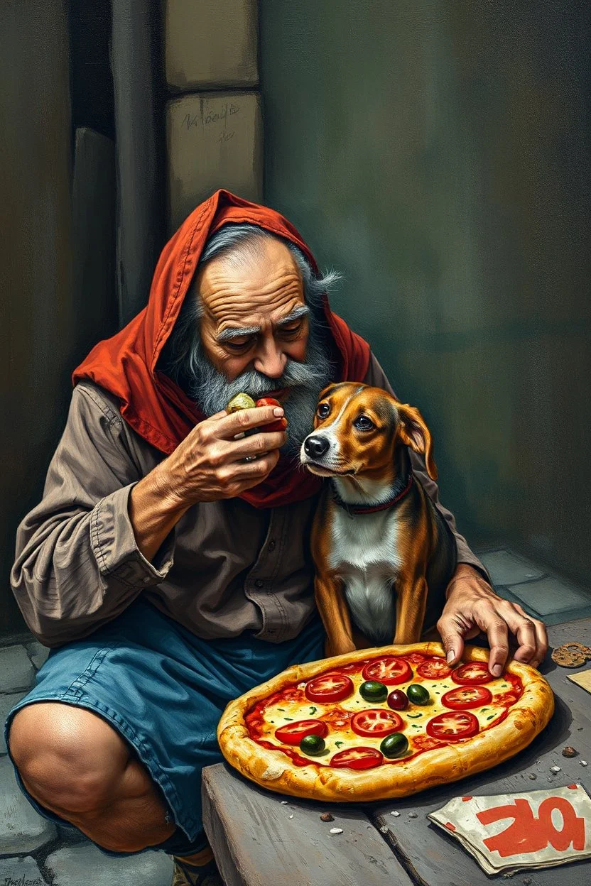 Bosch painting style ,a homeless with his dog on the street block eating a Pizzas with tomatoes sliced and melting cheese and olive on it , high quality and fantasy