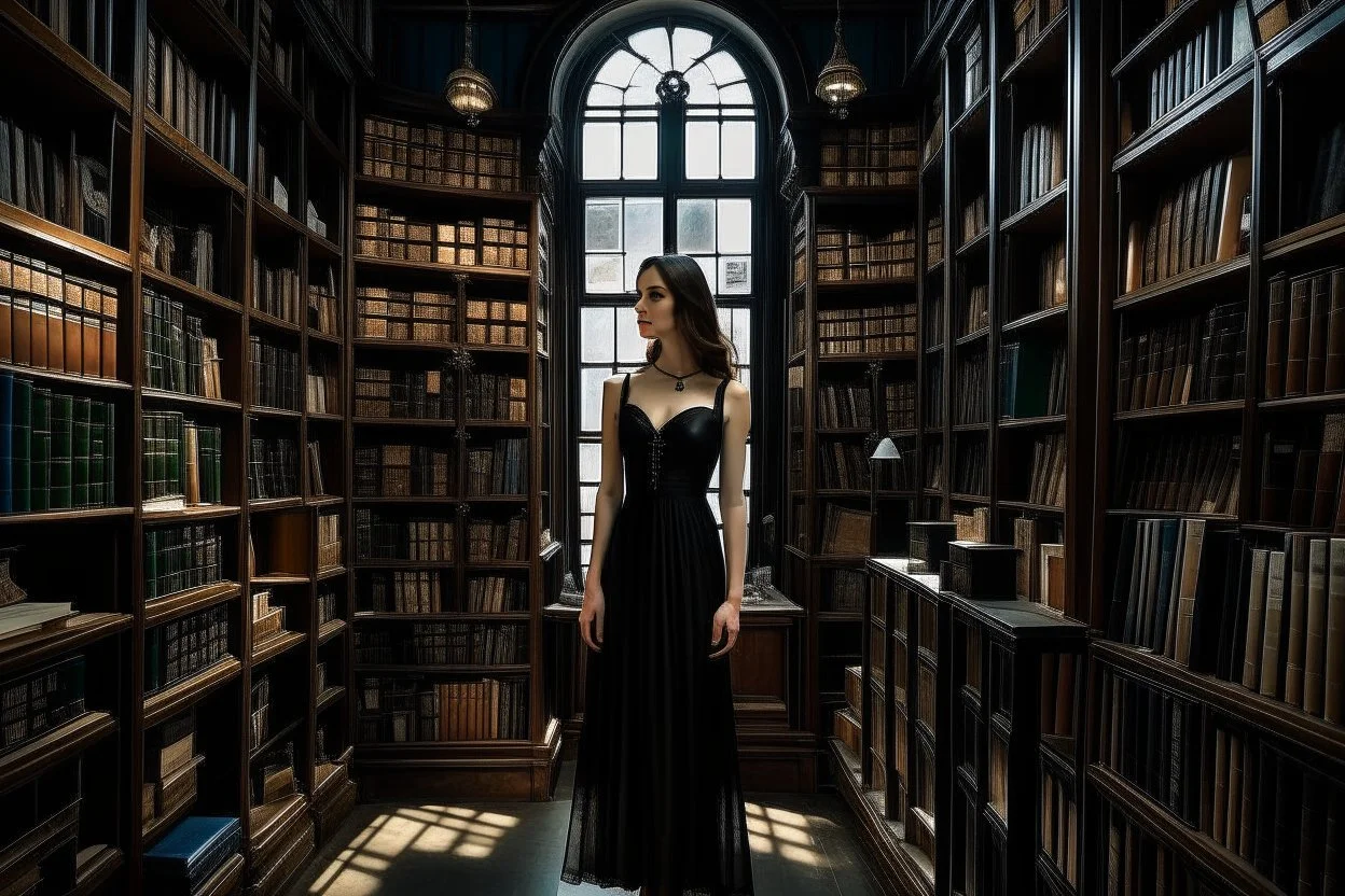 full-height shot of a woman in a tight black dress, inside a large magic book shop, books, bottles, windows