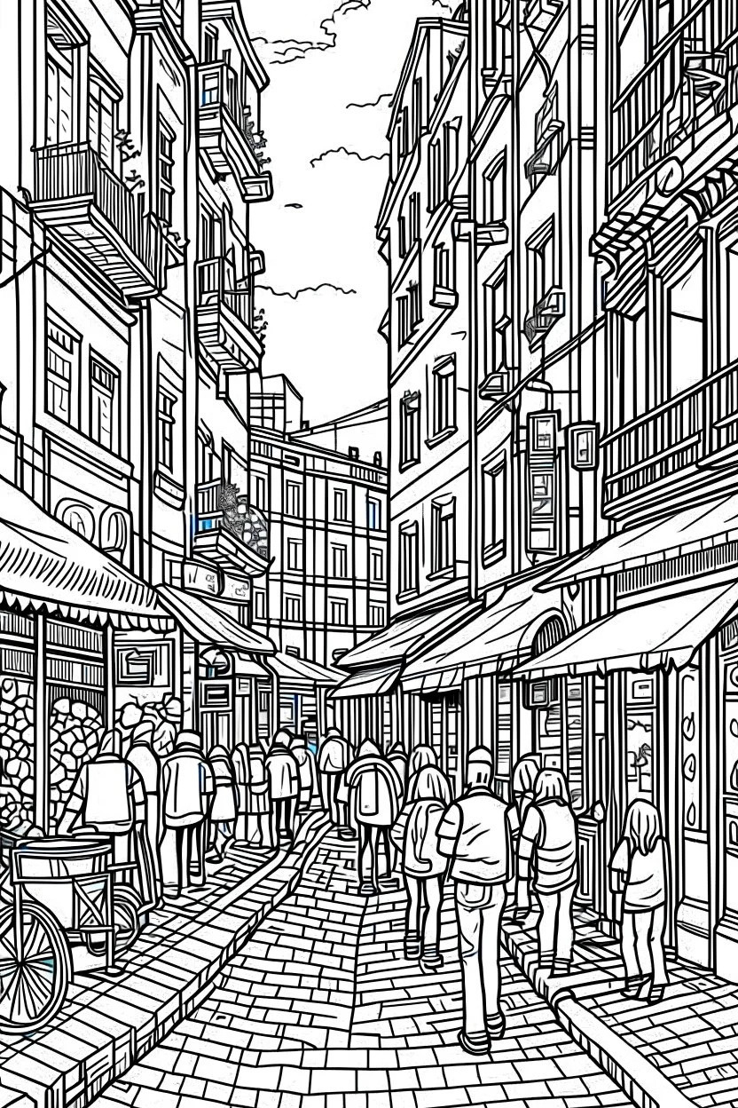 outline art for Street Scenesr coloring pages for adults with Urban City Streets with People , white background, Sketch styl, only use outline. clean line art, no shadows and clear and well outlined, many Patterns and Details