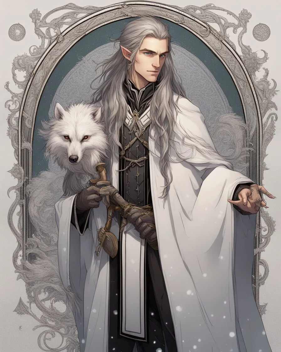 a young High Elf frost Wizard with long wiry hair, wearing a black trimmed white nobleman's robe and frost ornaments on clothes, with a weasel on his shoulder