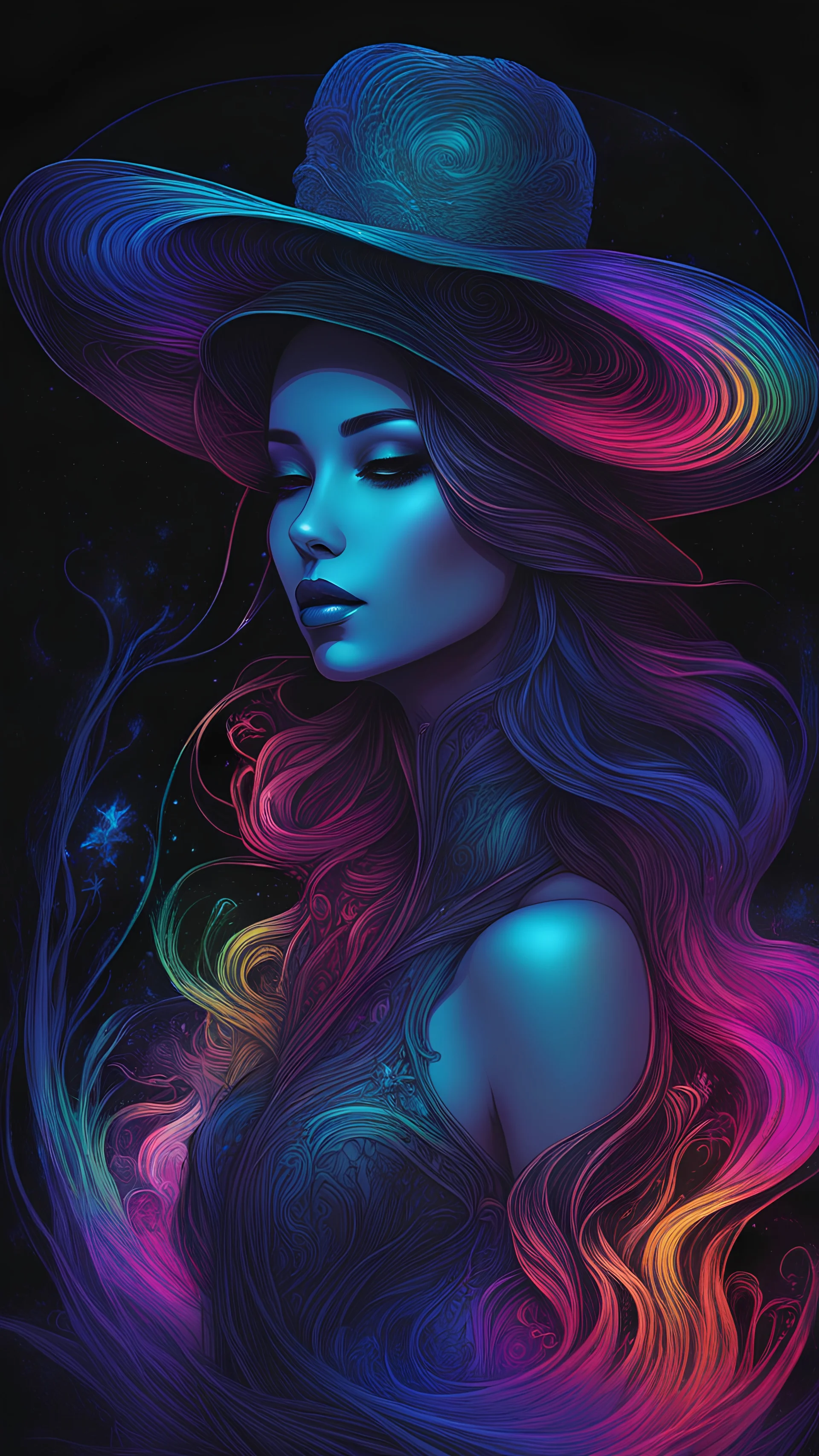 A mesmerizing dark fantasy illustration featuring a sensuous, ethereal female figure adorned with a striking, oversized hat in a minimalist, line art style. The female figure, with her body portrayed in vivid rainbow colors, is intricately posed against the depths of an inky darkness. At the heart of the image lies a symbiotic entity – a horse composed entirely of shiny, vibrant glass. This glass horse radiates rainbow colors, harmoniously merging with the female figure. The illustration exudes