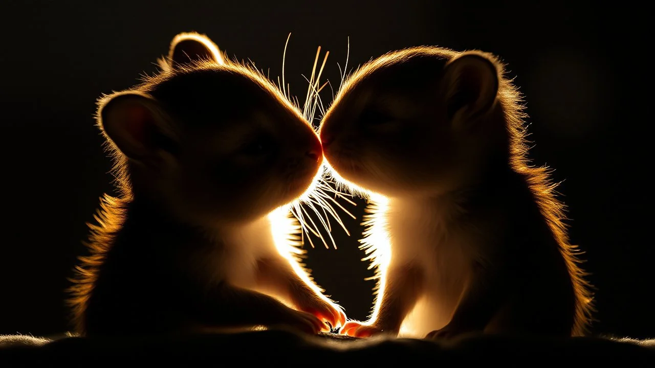 romantic photograph of two small animals in a loving relationship, halo lighting, chiaroscuro, beautiful photo