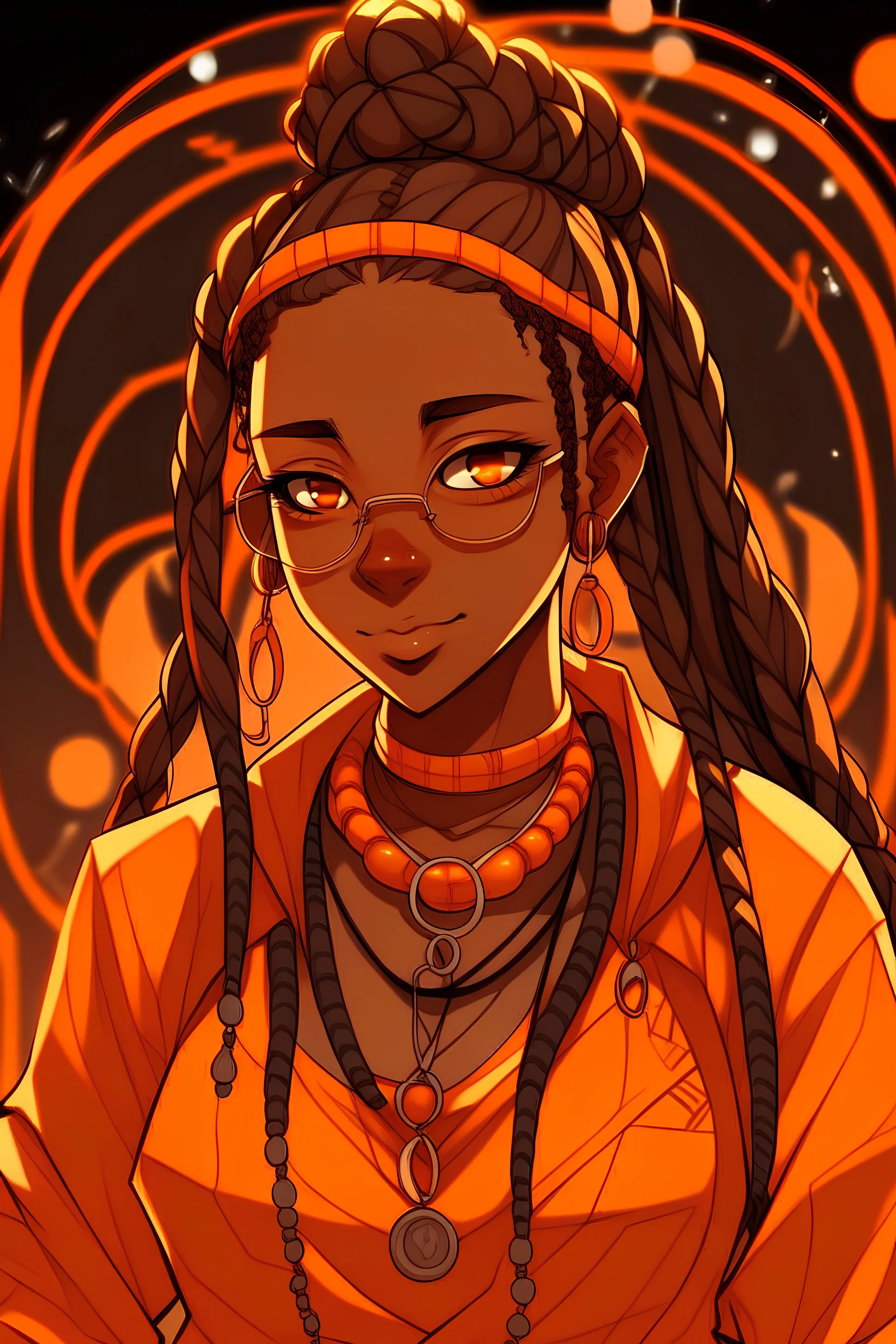 Black woman with braids, wearing orange wears, wearing a necklace with the all-seeing eye, anime style