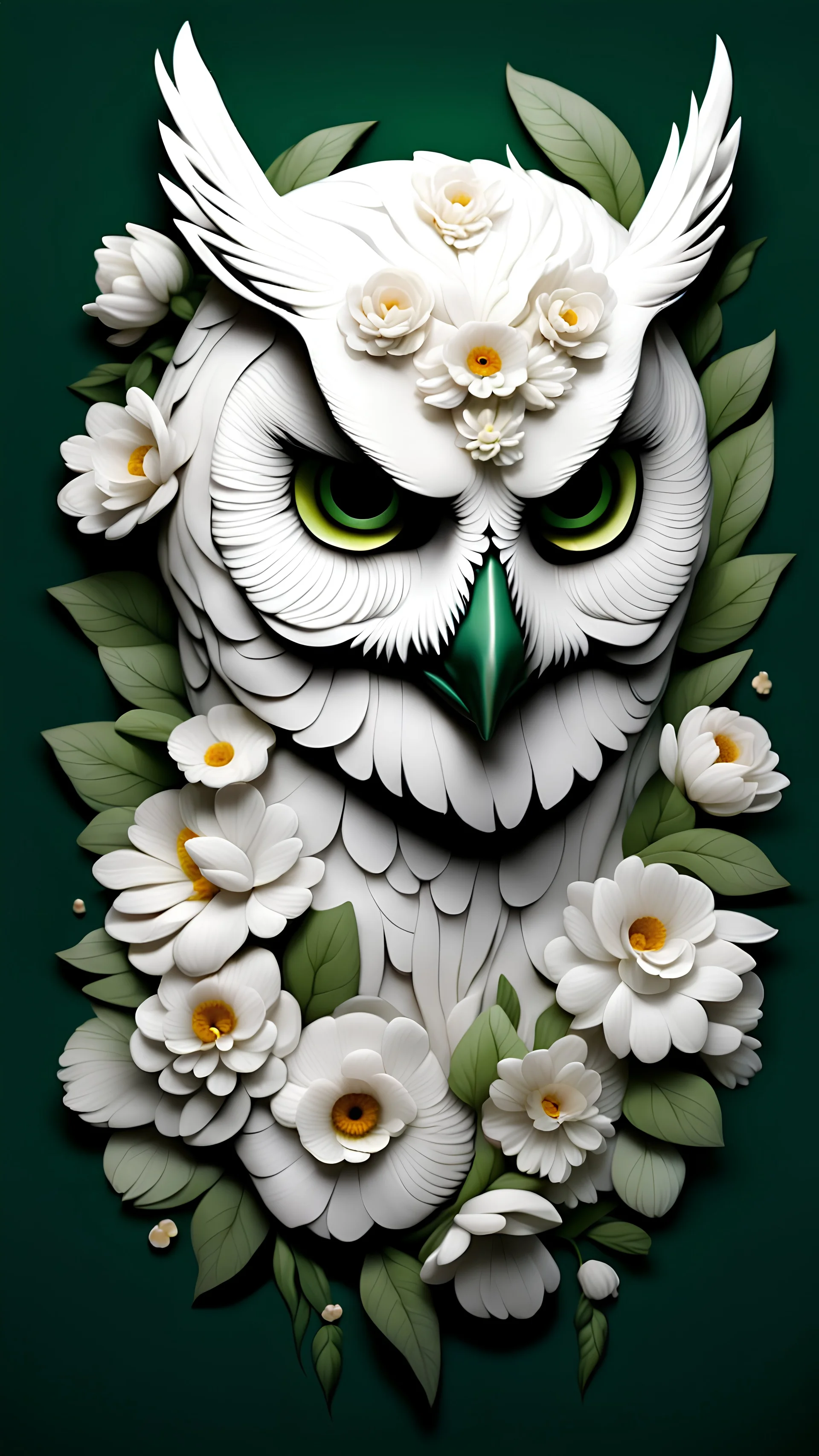 male with owl head made from a lot of beautiful white beautiful flowers and , white scars, pale colors smooth contrast, dark green background