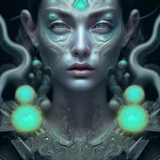 portrait of a modern style city priestess, silver obsidian influence, emerald lightning style, fractal anthracite sulfur face paint injection in multispiral complex patterns, piezoluminescent amber background details, liquid swirled coal background, gorgeous face, flawless, photorealistic, hypermaximalist, large detailed eyes, award-winning digital artwork, perfect moment, vibrant, highly detailed, cinematic, UHD, hyperrealism painting, design matte painting, digital render, digital painting, ex