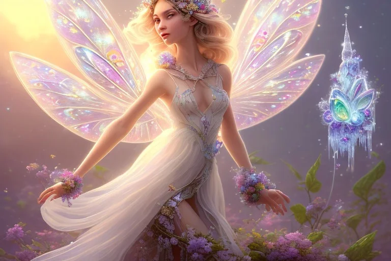 one very little beautiful fairy on a big crystal subtle flower in a galactic ambiance, transparent petals, delicate colors, in the foreground, full of details, smooth, bright sunshine，soft light atmosphere, light effect，vaporwave colorful, concept art, smooth, extremely sharp detail, finely tuned detail, ultra high definition, 8 k, unreal engine 5, ultra sharp focus