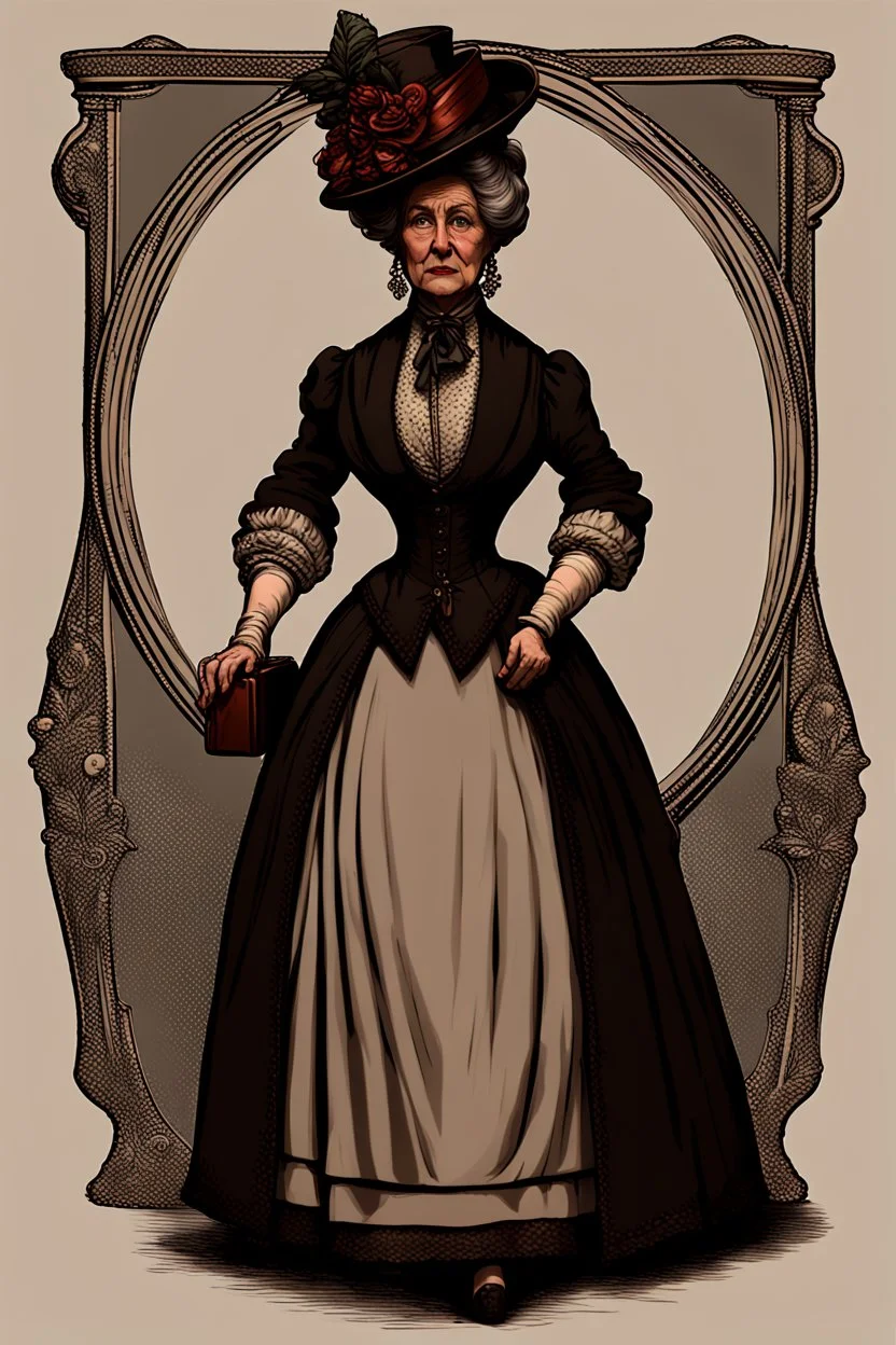 warm but stern aunty victorian era, posh british accent influenced, high born facial features dnd character on a solid black background, full body image, high quality realistic.