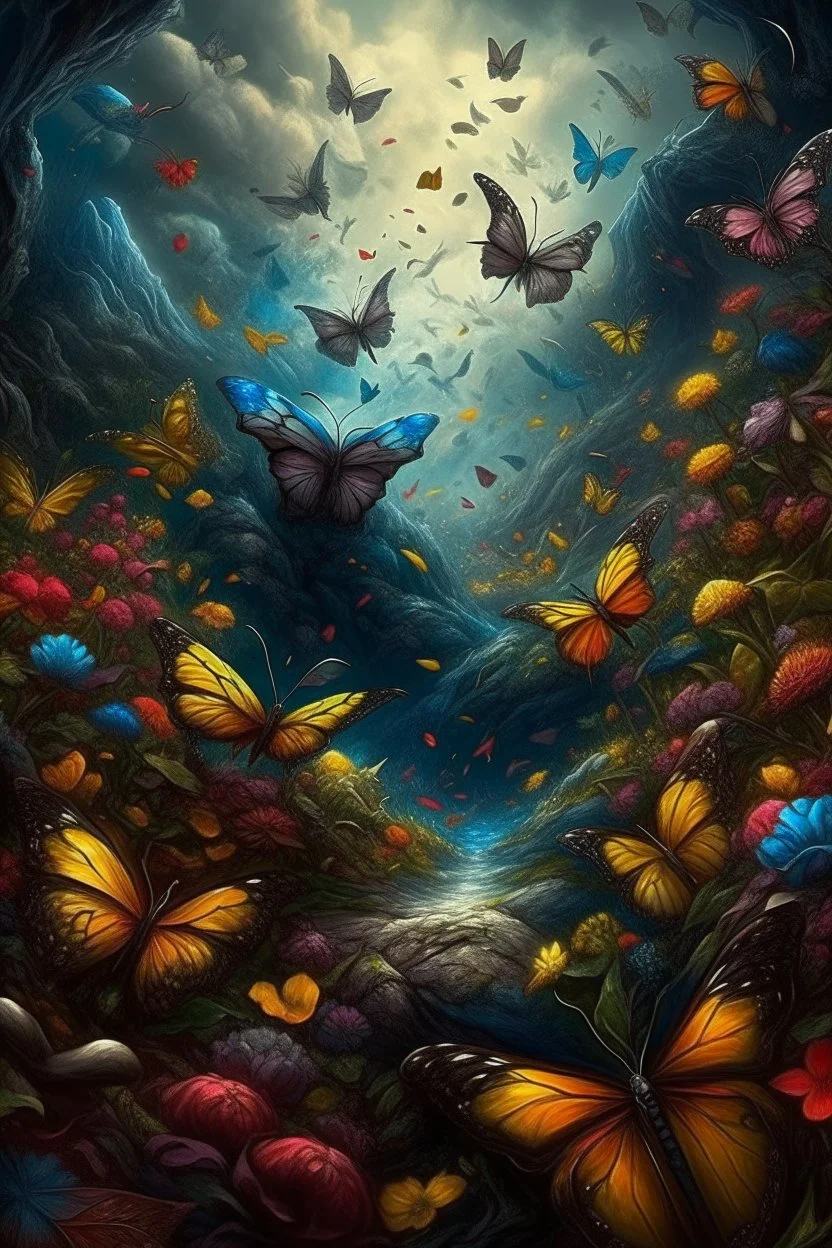 Bosch nightmares paint inf style Title: "Butterflies, Rainbows, and Flowers" Cover: Coloring Book for Kids Butterflies, Rainbows and Flowers for Girls beautiful intricate insanely detailed octane render trending on artstation, 8k artistic photography, photorealistic concept art, soft natural volumetric cinematic perfect light, chiaroscuro, award-winning photograph, masterpiece, oil on canvas, Raphael, Caravaggio, Greg Rutkowski, people, beksinski, Giger