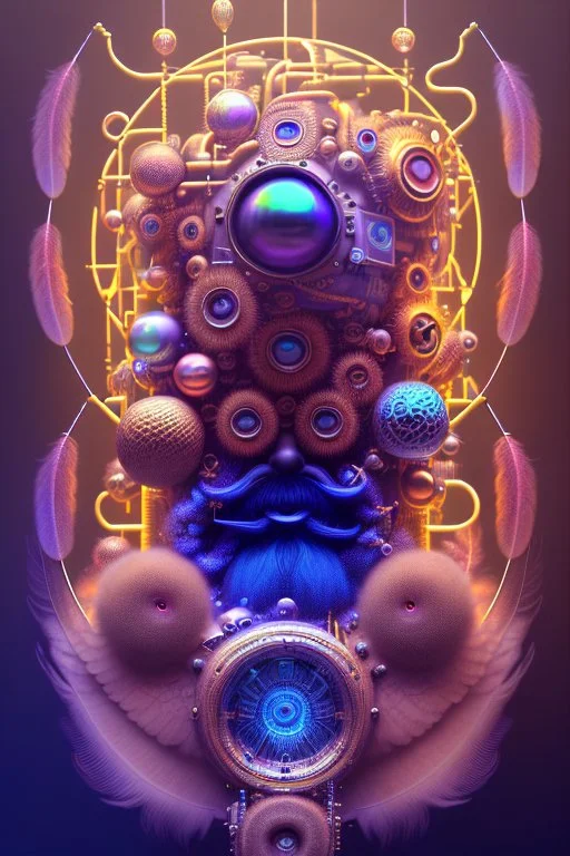 bearded man head with feathers, spheres, cubes, gears, clocks, engine parts, exhaust pipes, fur, peacock feathers, mechanism, in the style of Android Jones, gradient, bioluminescent, rococo, photorealistic, intricate details, 8k, purple and gold, digital painting, top light, illustration, trending on artstation