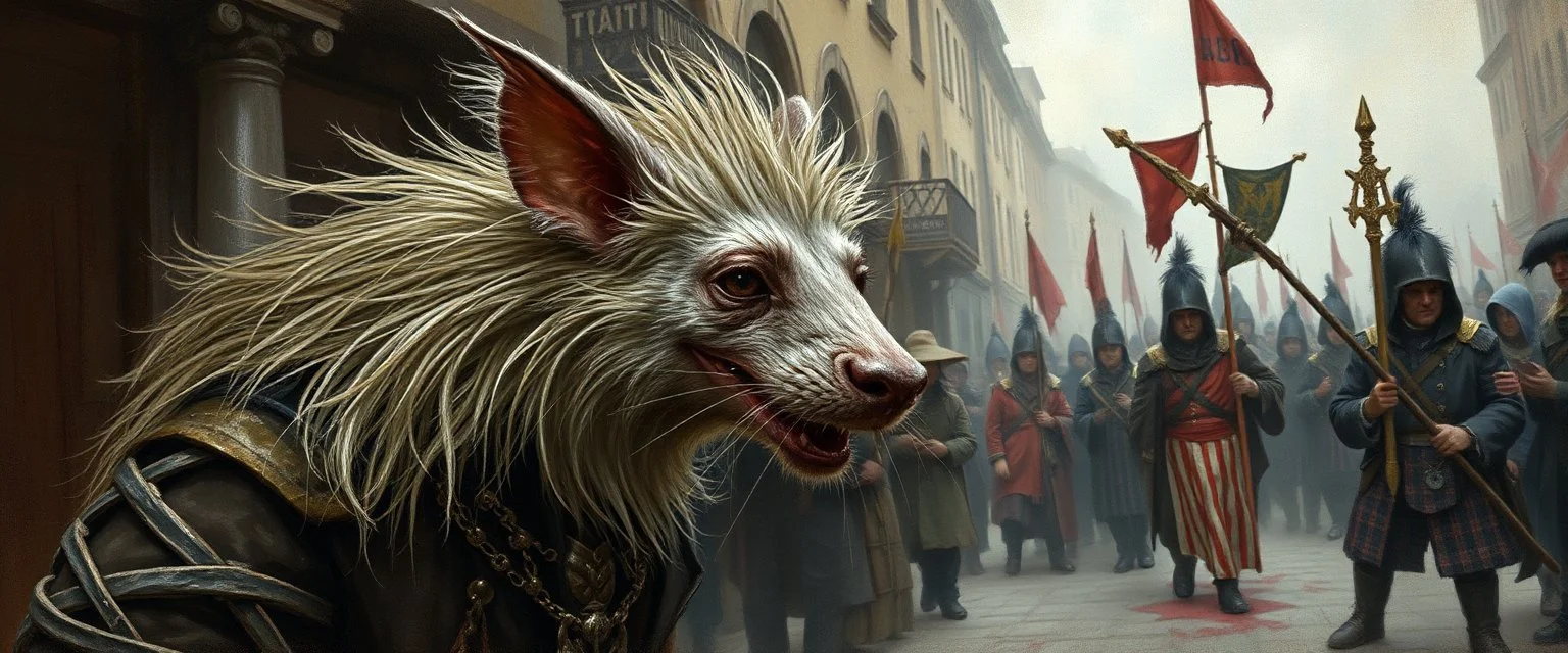 portrait of a hairy rock star wererat, fantasy art, style of Rembrandt,Dead drop discovery: While walking, a party member stumbles upon a small, blood-stained package hidden in a gutter. It contains a coded message to a cult of the Dead Three. 9-10 Parade of the Patriars: A noble's procession blocks the street with bone clubs. The crowd is forced to bow, and guards roughly shove anyone who doesn't move quickly enough.