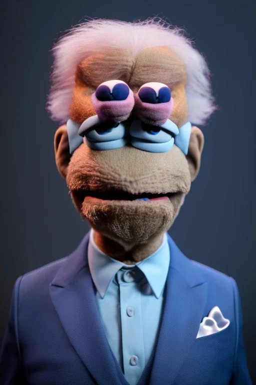 Waist up muppet Portrait, Joe Biden as muppet doll, Blue suit retro style, photo studio, blue background, unreal engine 5, concept art, art station, god lights, ray tracing, RTX, lumen lighting, ultra detail, volumetric lighting, 3d.