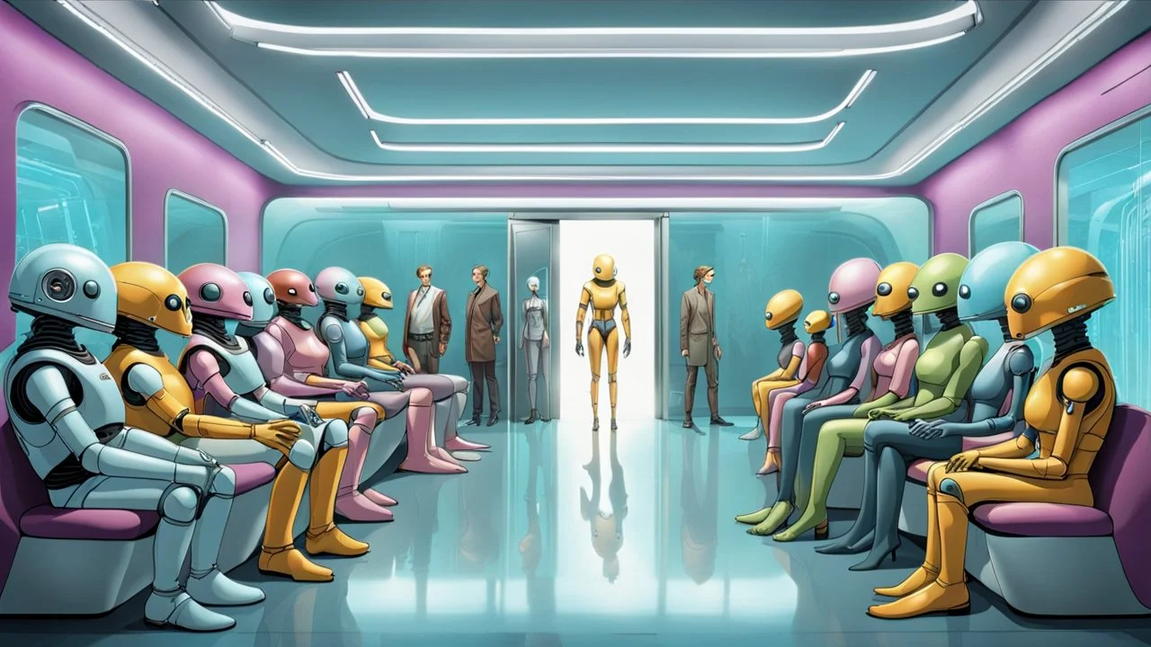 photo from the futuristic waiting room of a studio, a large crowd waits in front of a giant glass door, aliens of all sizes, colors, and looks, droids, mutant girls, strange fantastical creatures, and a few human-like beings linger in the crowd. high detalied, sharp focus, photorealistic style, natural lights