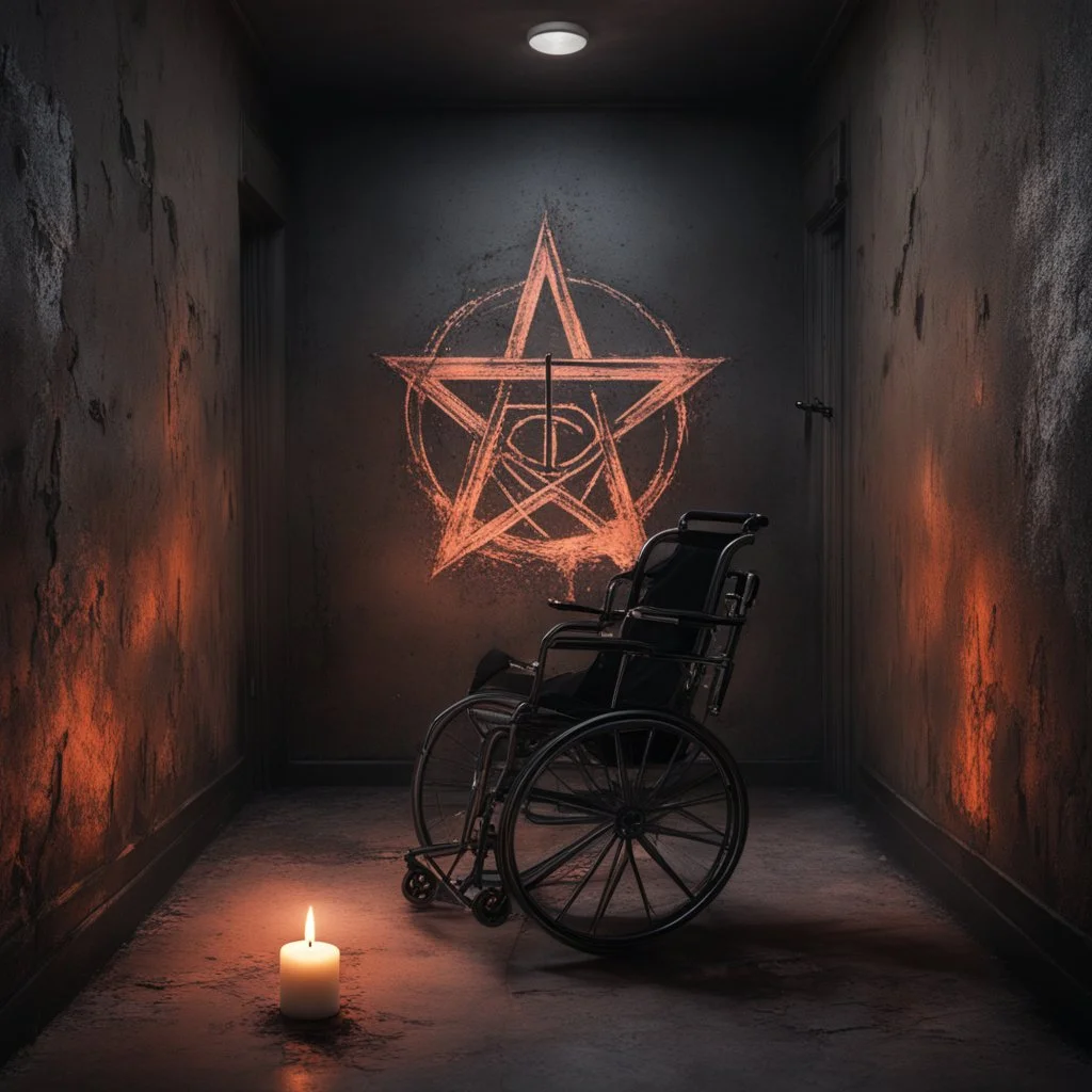 Hyper Realistic wheelchair on a satanic pentagram with candles in between of a dark hallway with peeling vintage wall paint at night