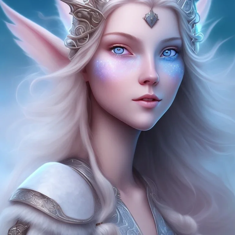 visage souriant, fée magicienne du nord, fantasy, grands yeux bleus, cheveux long blond, bleu et rose