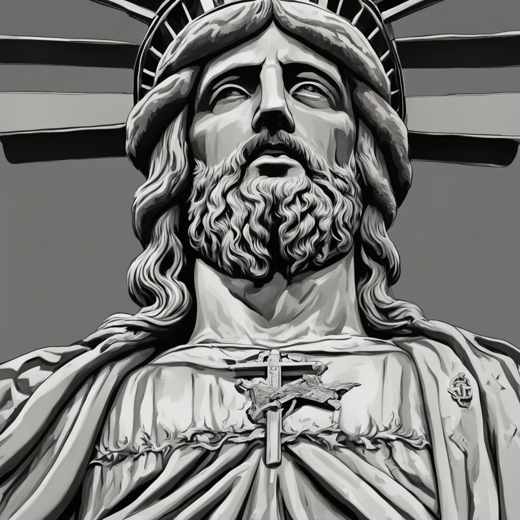 line toned, hedcut, wsj style, statue of cruicified Jesus of Liberty with a beard and wearing a cross and hanging from a cross, The statue male, hyperdetailed intricately detailed photoillustration ink drawing dystopian 8k resolution entire body of the statue is in the picture. digital illustration telephoto lens photography , same colors as the us treasury's one dollar bill, crucified"