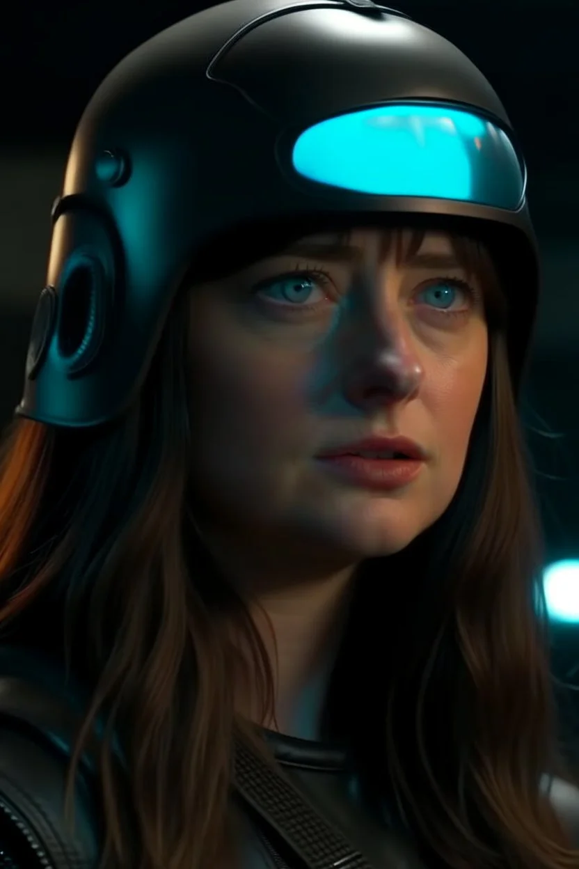 Dakota Johnson A commander wearing a matte black helmet with flaming eyes with flaming light blue pupils