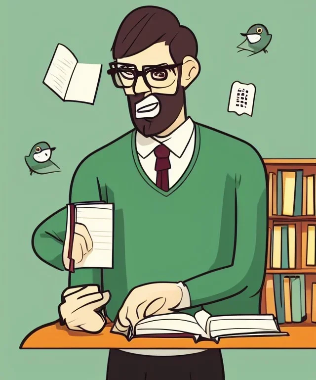 Fit man in round glasses with bookshelf in background,no beard, reading book, slim, tie, monotone, green eyes, comic book style, two tone colours, detailed, ink, realistic, handsome, square jaw, big brows, no jacket, bird on the shoulder, spotlight