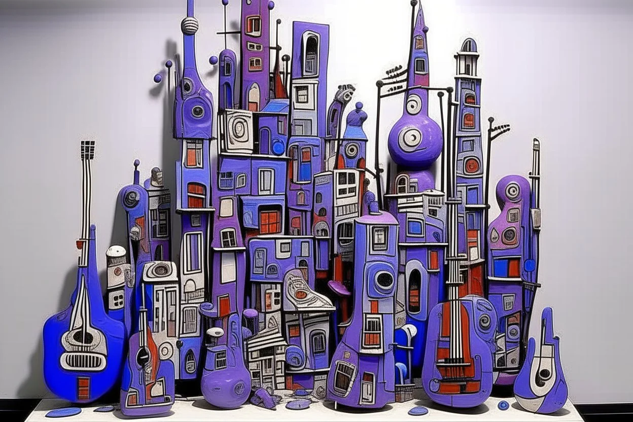 A violet city made out of musical instruments painted by Jean Dubuffet