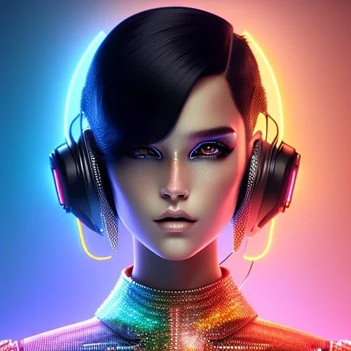 Rosalía, Cyborg anime warrior, cyberpunk, light black hair, pixie hairstyle, cobalt eyes, waist up portrait, 8k resolution, retroanime, intricate details, neon details, soft lighting, vibrant colors, masterpiece, intricate eyeliner, dark eyeshadow, eyes, intricate tattoos, gradient background