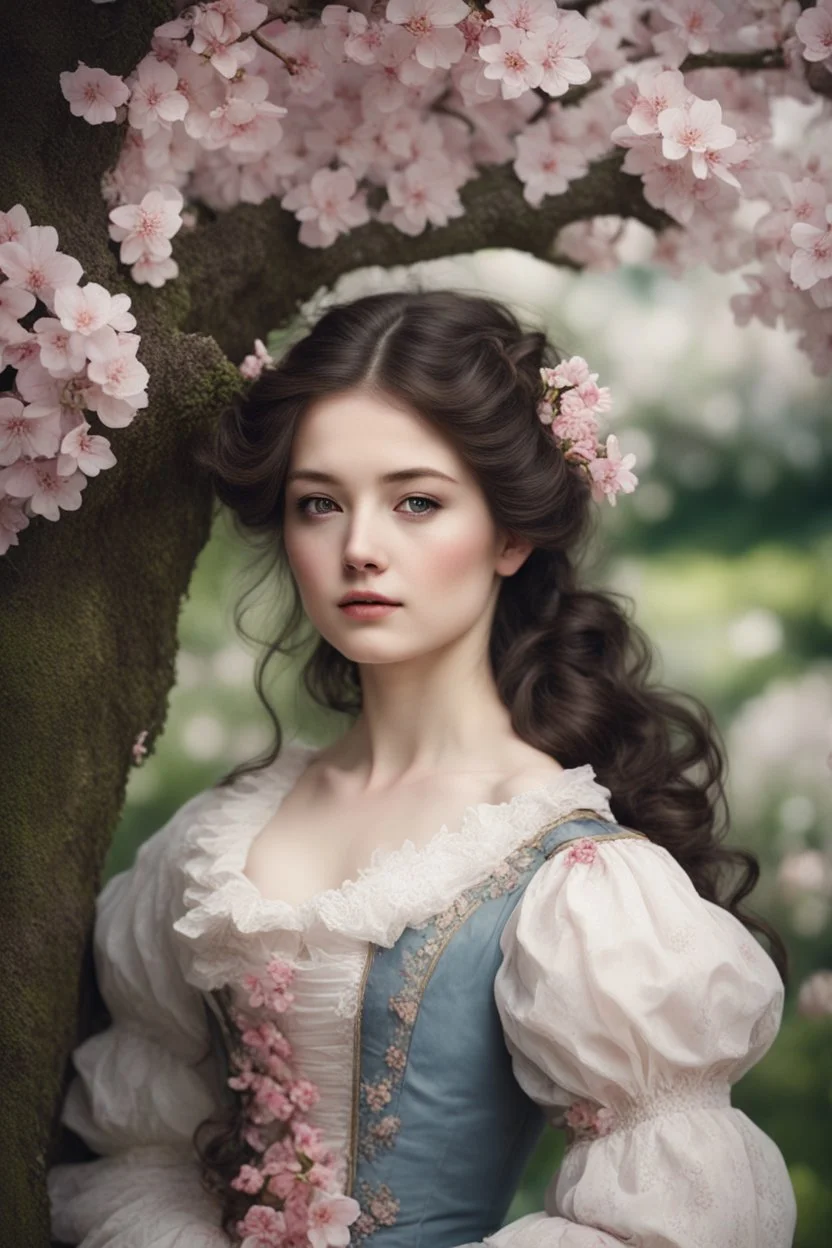 Beautiful Girl in the garden, 18 century, brunette, literally dark hair, dark eyes, fat, smell of sakura, rest, detailed face, england, she is staying under the tree