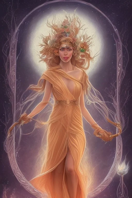 Create an image of a Wiccan Mayday Goddess. The goddess should be depicted as a beautiful and powerful figure, surrounded by symbols of the element of fire. Her hair should be long and flowing, and she should be dressed in a flowing gown or robe. In the background, include imagery of flowers, greenery, and perhaps a bonfire or other symbols of the Beltane celebration. The image should evoke a sense of joy, celebration, and spiritual connection to nature.