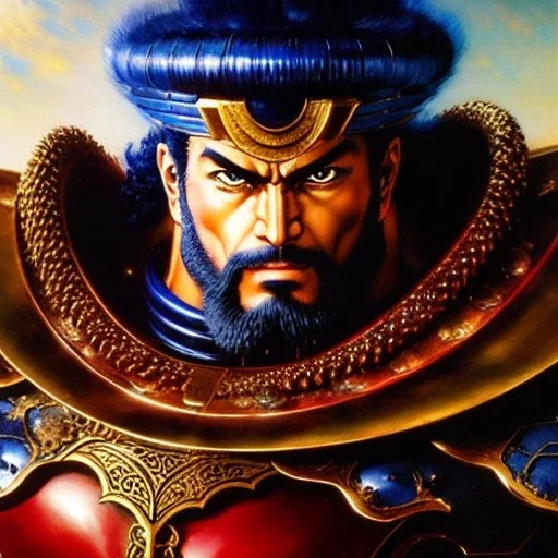 portrait of 'Raoh-Fist of the North Star',ancient metal armor , painting by gaston bussiere, greg rutkowski, yoji shinkawa, yoshitaka amano, tsutomu nihei, donato giancola, tim hildebrandt, oil on canvas, cinematic composition, extreme detail,fit full head inside picture,16k