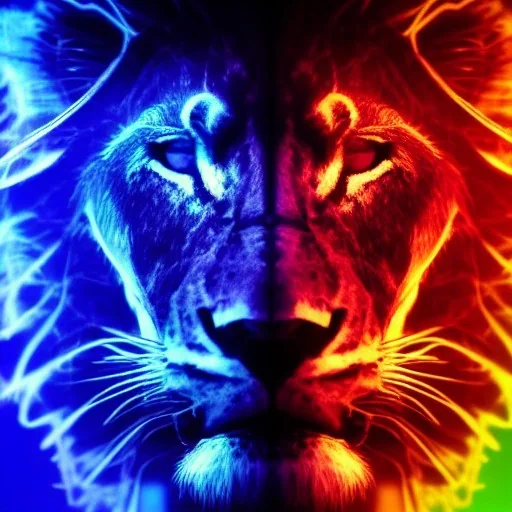 A beautiful portrait of a cyborg lion blue neon color scheme, high key lighting, volumetric light high details psychedelic background