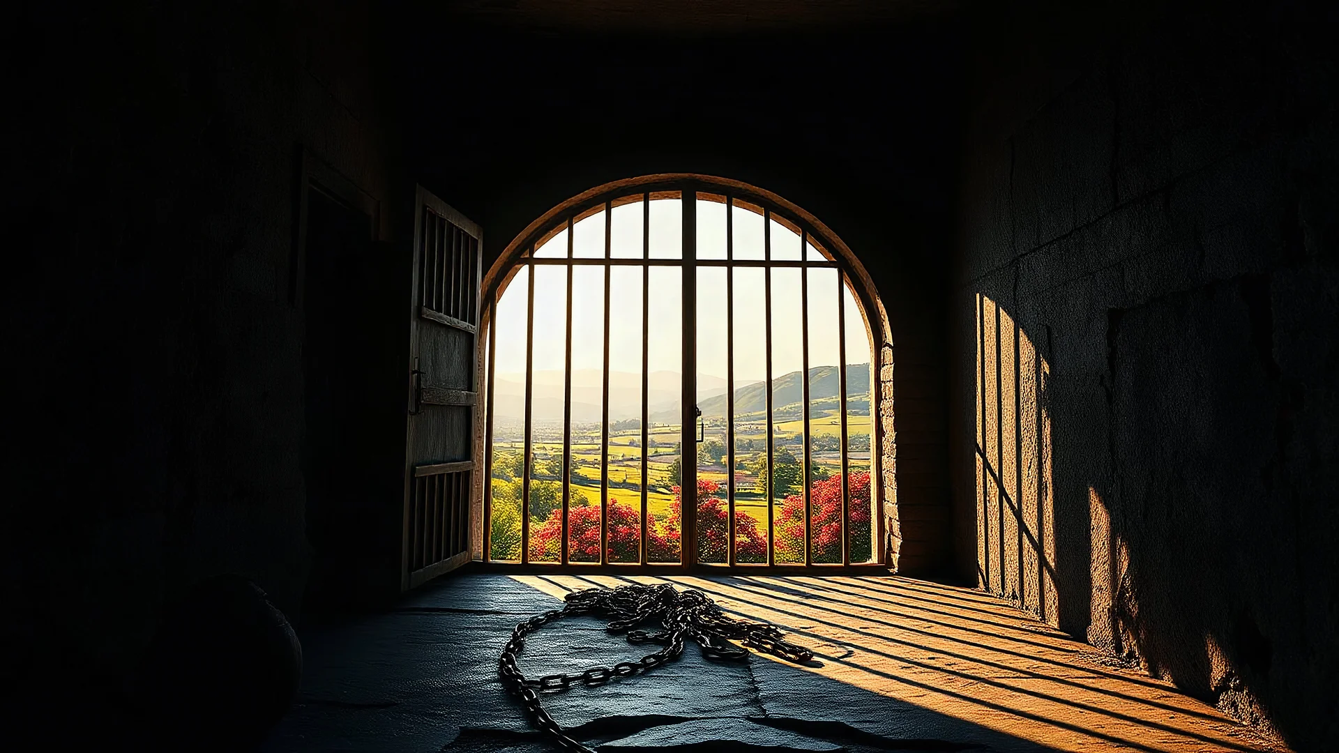 Inside a dark dismal cold prison cell with chains on the floor, looking out through a wide open heavy cell door into freedom, with colourful gardens and distant hills in bright warm sunshine. Exquisite composition, beautiful detailed intricate detailed octane render, 8k artistic photography, photorealistic, perfect light, chiaroscuro, award-winning photograph, masterpiece