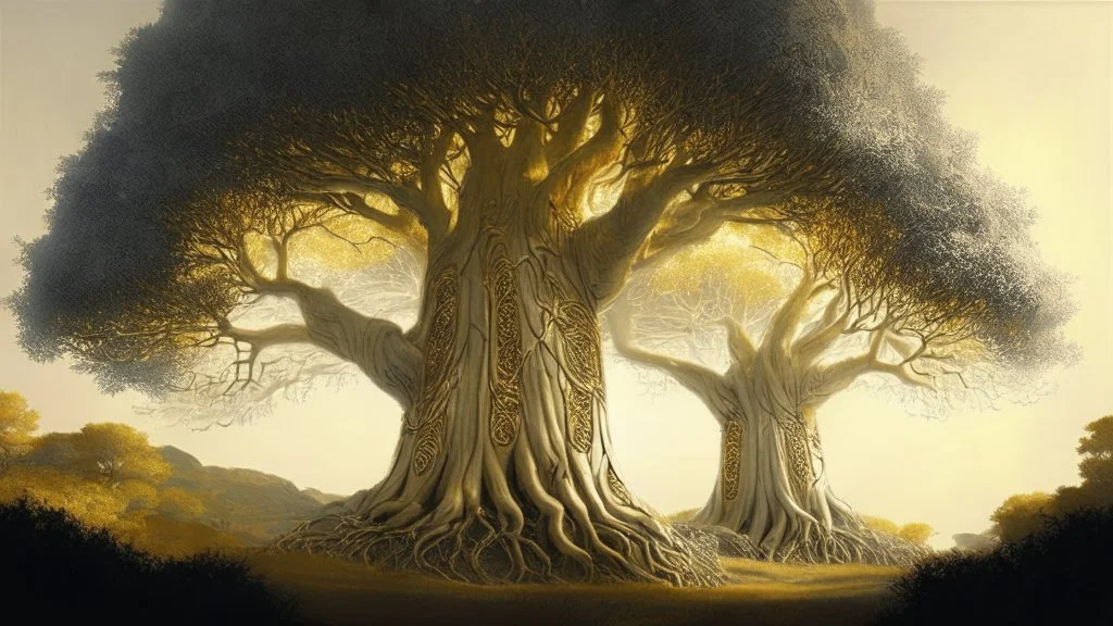 Valinor, tolkien, two giant trees, one giant golden tree, one giant silver tree,
