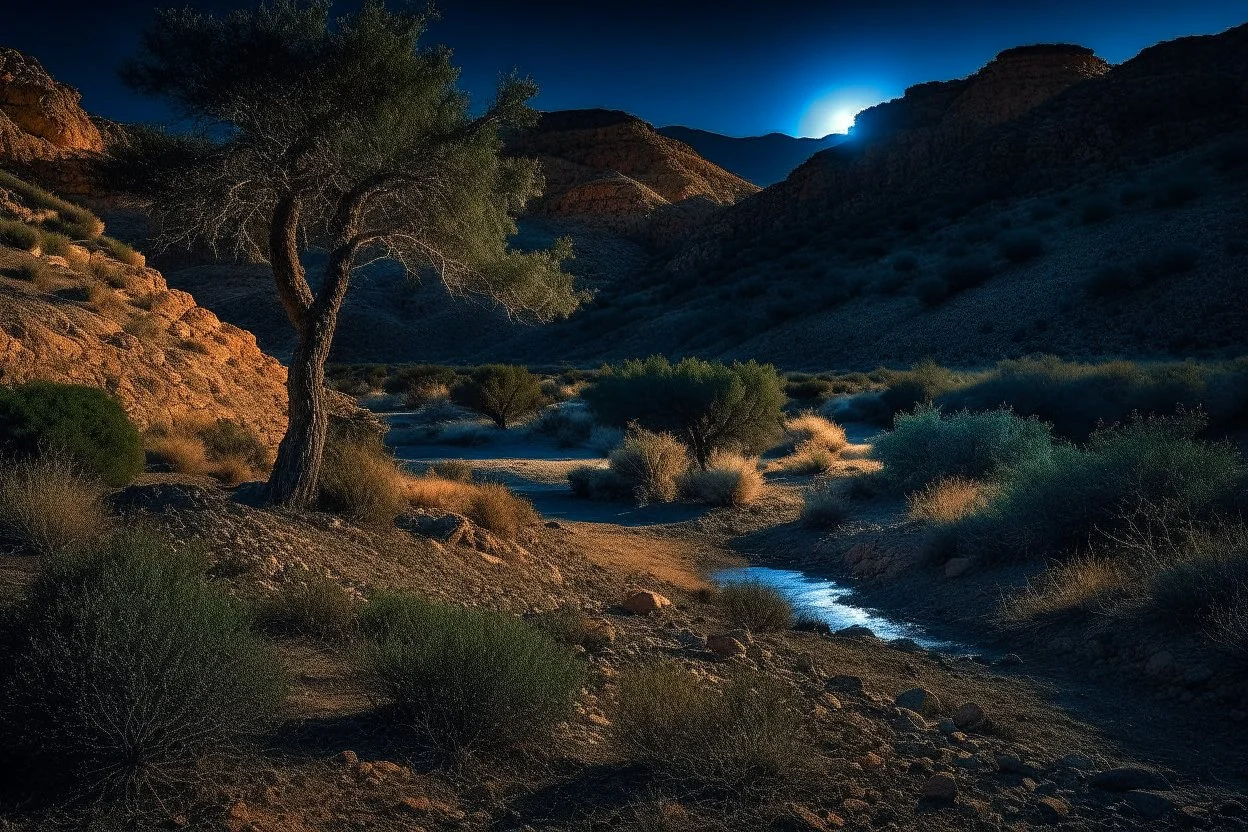 Dry trees, night, arid land, vegetations, rocks, little river, mountains