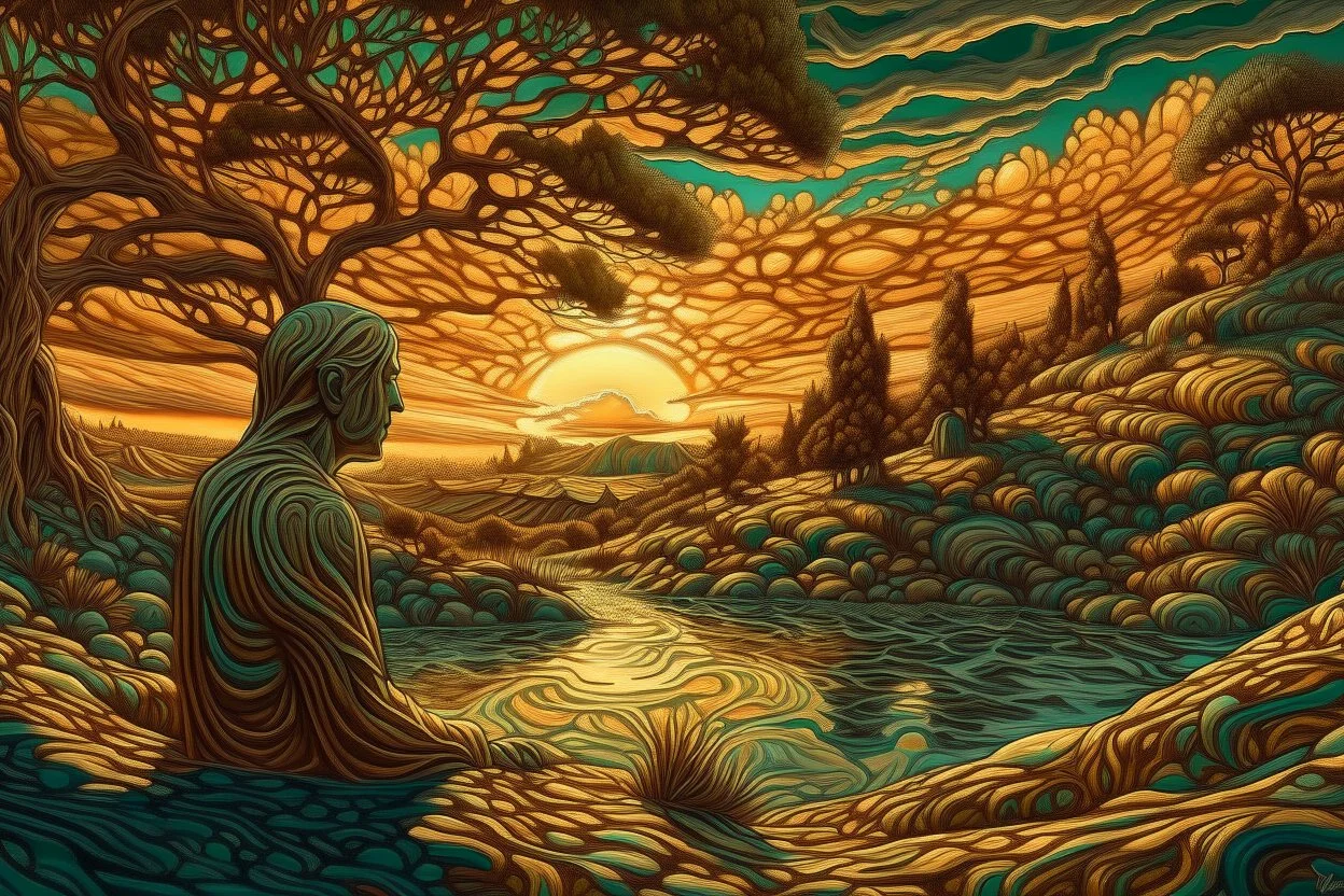 Great landscape, nature at sunset, Paradise Lost, spiritual, surreal, trees, fine art, tan skin, Vincent Van Gogh style, highly detailed, smooth, very sharp focus, illustration, bathing in light, ultra realistic illustration, close-up