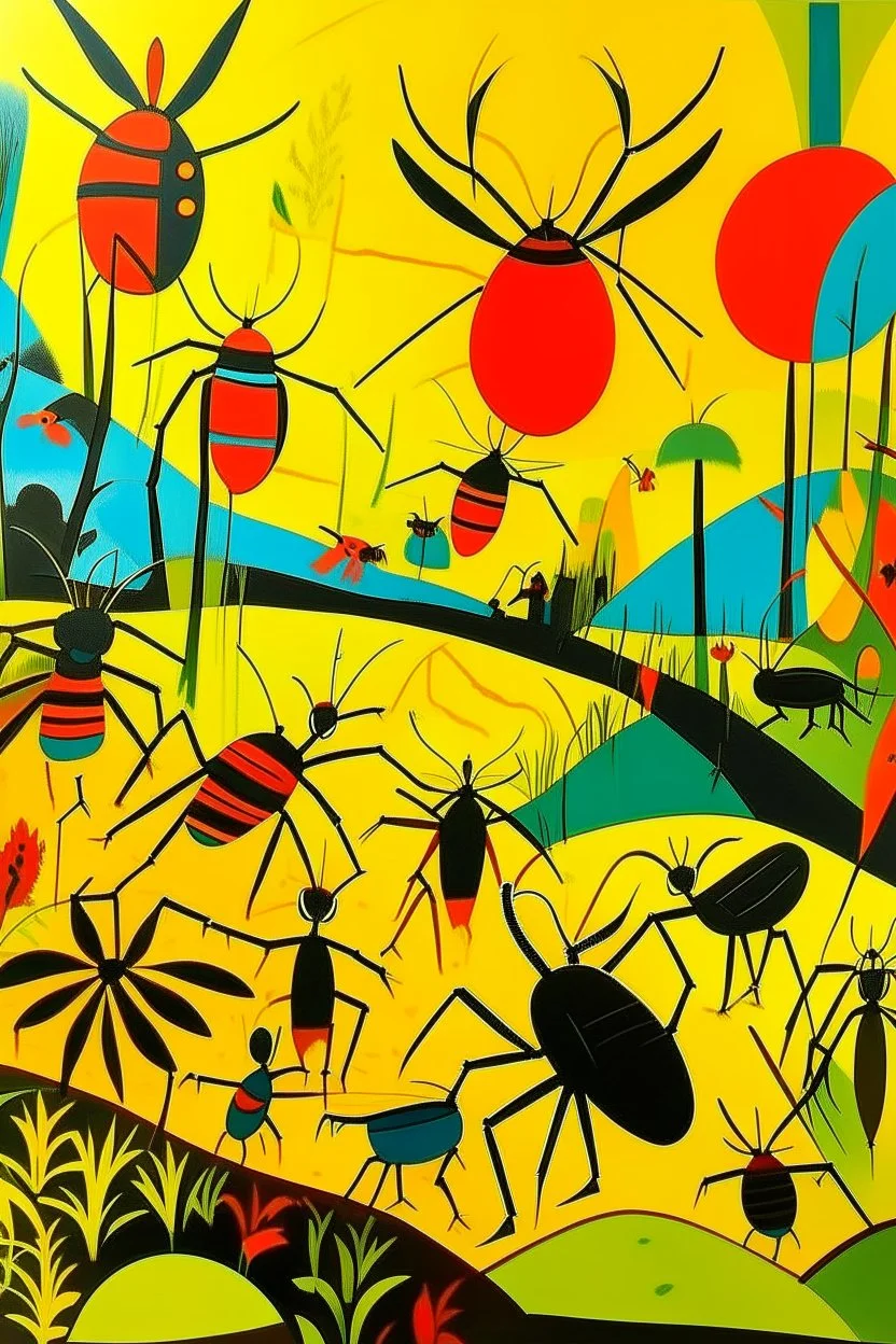 A yellow heavenly light field with insects painted by Stuart Davis