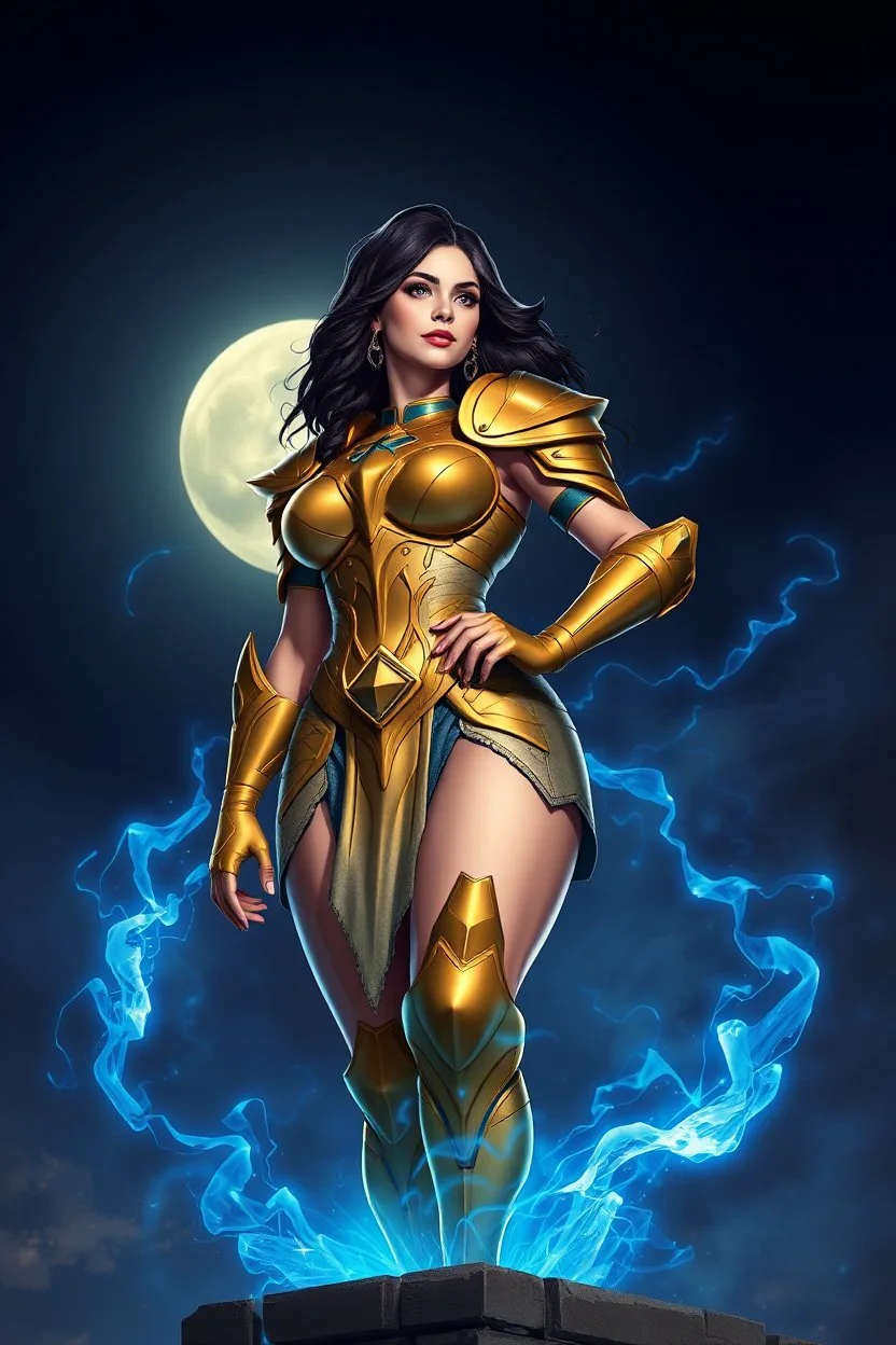 pretty woman, big bubs, good body, rude mode, dressed in a golden mini armor, blue cosmoenergy around her, on top of a tower, moonlight