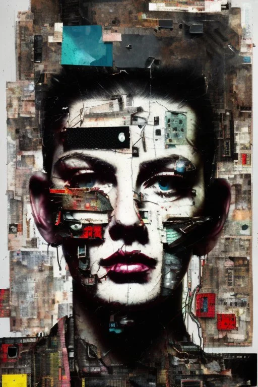 Ultra detailed medium portrait painting of anxiety , torn up collage of clippings, broken circuitry background, matrix effects, punk visual art, punk art aesthetic, graffiti art, pop surrealism, collage art, cluttered paint glitches