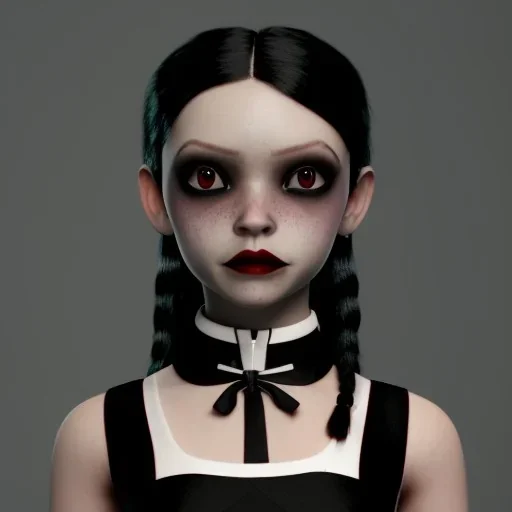 Jenna ortega with wednesday addams black dress,soft goth libstick, wednesday addams make up, dramatic lighting, highly detailed, volumetric lighting, unreal engine, 8k