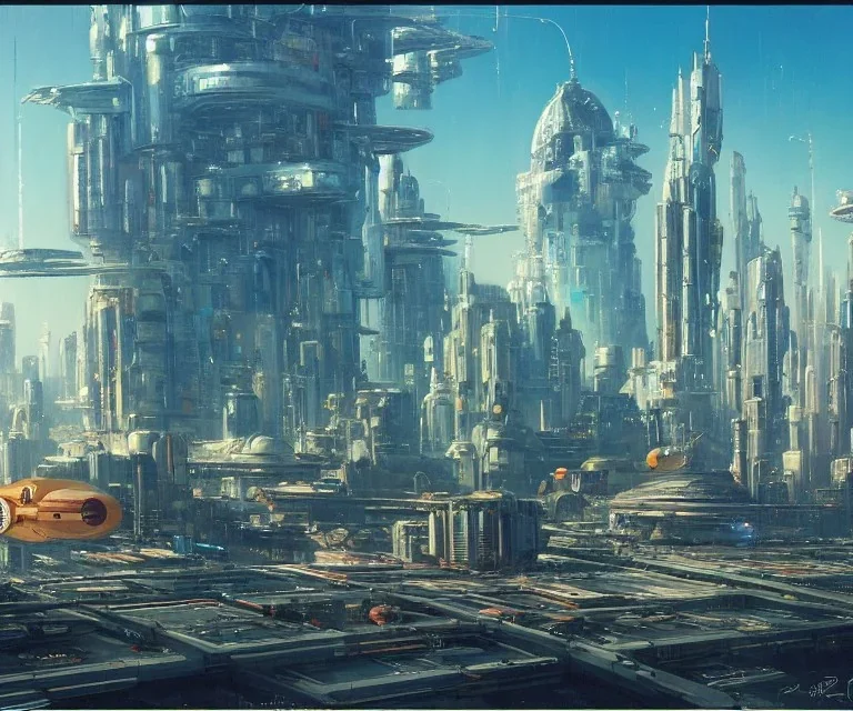 Space Center on a heavy industrialized planet with a futuristic city in the background, In the foreground a spaceship is loaded, (retrofuturistic:2), art by John Berkey, buildings with glass facades, brutalist architecture, insanely detailed, vibrant, 8k uhd, cinematic atmosphere, ultra-wide angle, street level view, brush strokes, blue sky with clouds, sharp focus