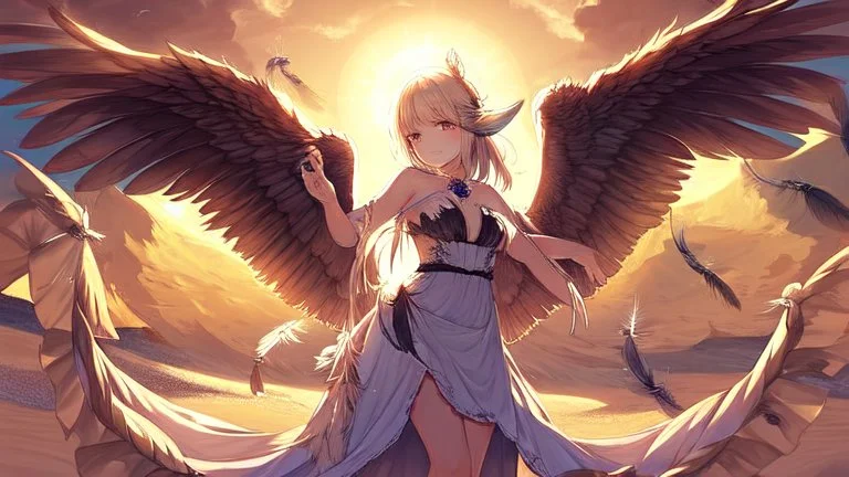 Highly detailed medium shot of a bird, sand, hot, cute, feathers, wings, tail, sun, large, dress