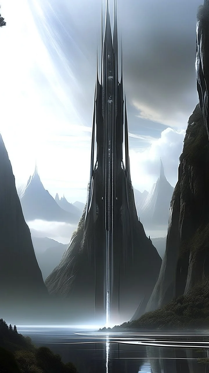 sci fi fortress, tall spire, zaha hadid, waterfall