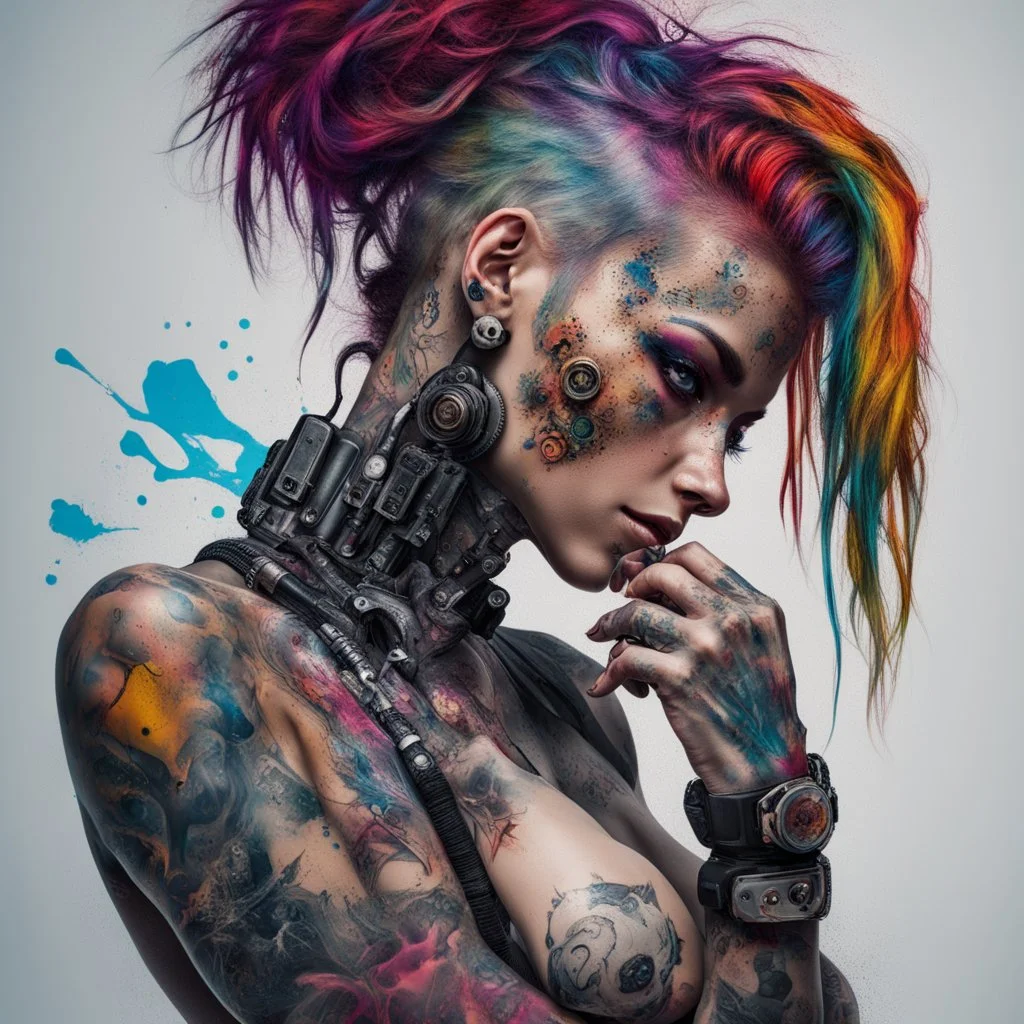 stunningly beautiful cyberpunk bio mechanical girl, white background ,paint splashes, full vibrant colours, half body picture, photo realistic, heavily tattooed, tattoo art , cyberpunk, acrylic, high contrast, stunning eyes, street art, acrylic, high contrast, colourful polychromatic, ultra detailed, ultra quality, -- stunning realism, Professional photography, bokeh, natural lighting, canon lens, shot on dslr 64 megapixels sharp focus