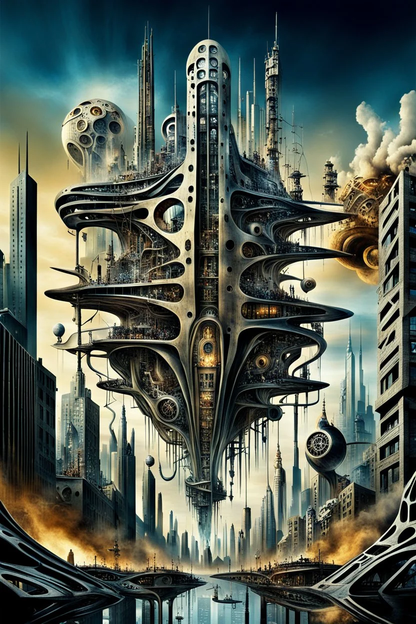 a stunningly weird image of a futuristic metropolis using Salvador Dali's paranoiac-critical method, where buildings and structures appear to melt into the skyline cityscape is filled with floating mad, twisted sharp metal shapes that interact with the buildings and each other, forming a surreal tableau of a dreamlike reality. neu-steampunk vibe, essence of the scene in a cinematic manner, with dramatic shadows that enhance the distorted perspectives and bizarre
