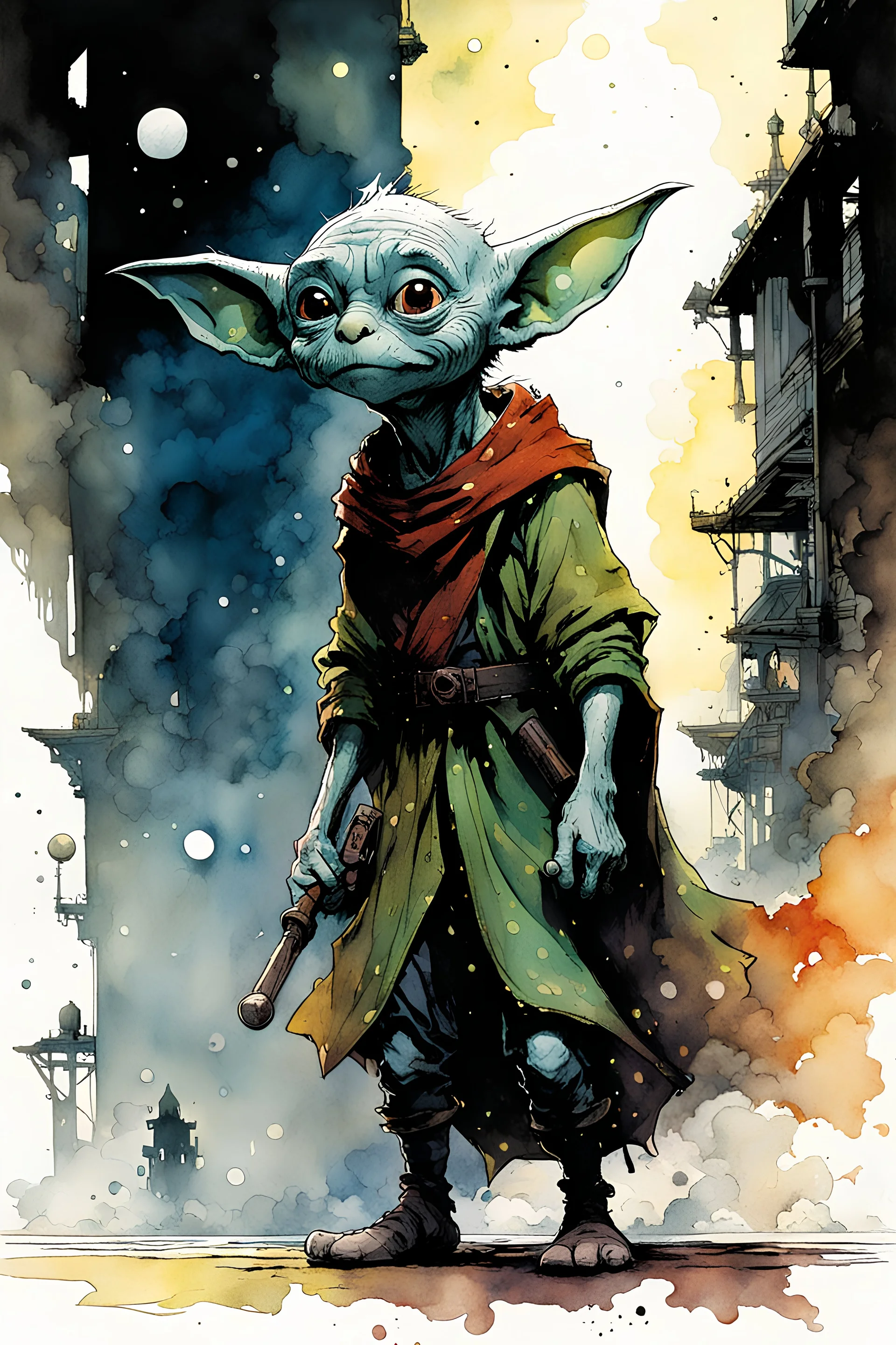 Dobby the elf mash up Grogu, create in inkwash and watercolor, carnival in the comic book art style of Mike Mignola, Bill Sienkiewicz and Jean Giraud Moebius, highly detailed, grainy, gritty textures, , dramatic natural lighting