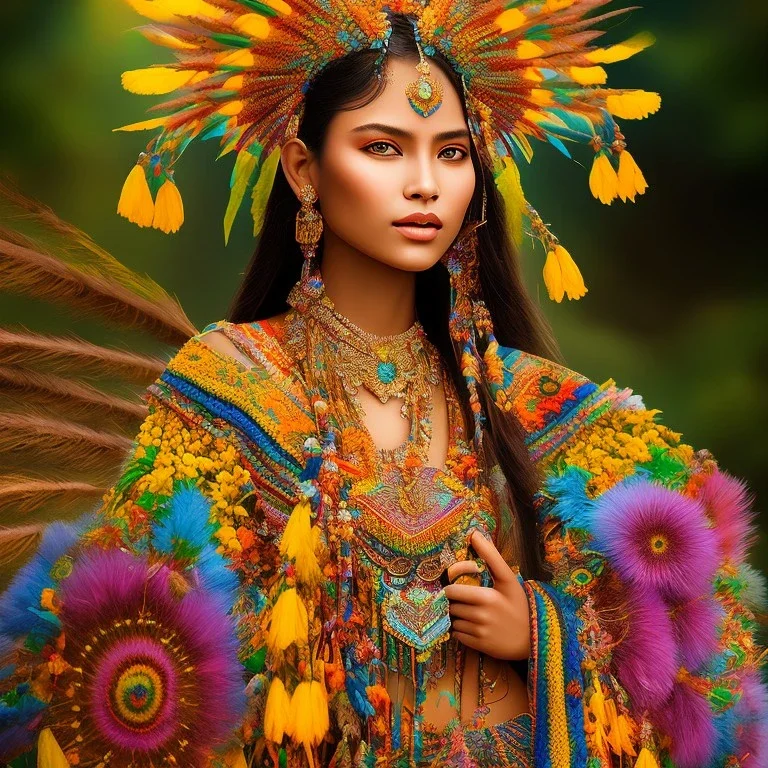 bright brazilian indigenous, beautiful portrait, flowery landscape, light