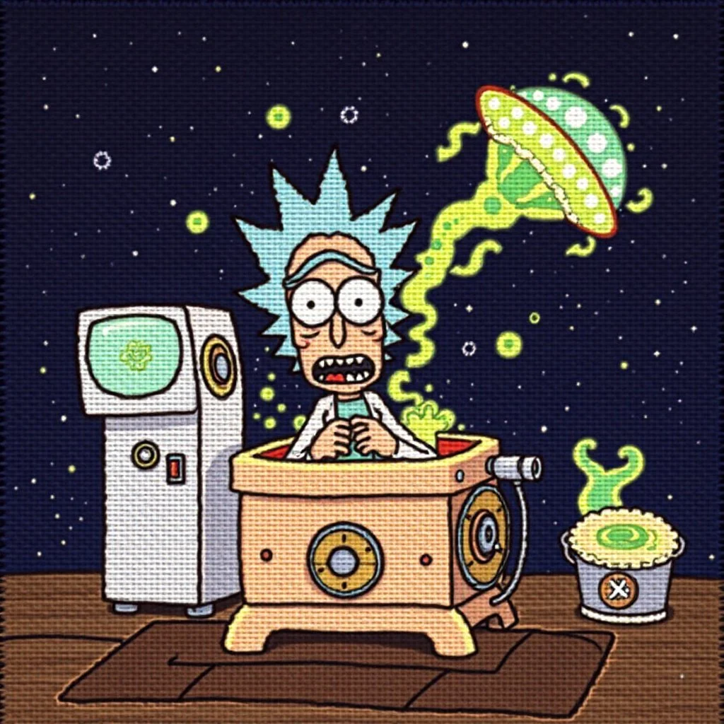 Intricate Anime Needlepoint, Rick and Morty brainwashing machine, by Roiland