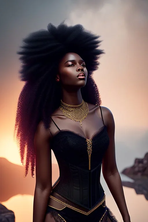 A portrait of a beautiful curvaceous black woman with long black hair, wearing a lace black corset, wizard, magical, ethereal, intricate, bright lighting, misty. Concept art by wlop. Ultra quality 8k.