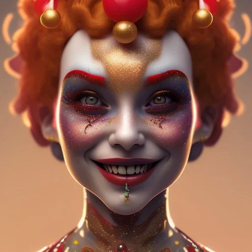 Ultra detailed very beautiful smileing clown girl,beautiful real skin, red nose, symmetrical, ultra detailed curl hair, soft lighting, ultra detailed face, concept art, circus,party, digital painting, octane render, art by artstation